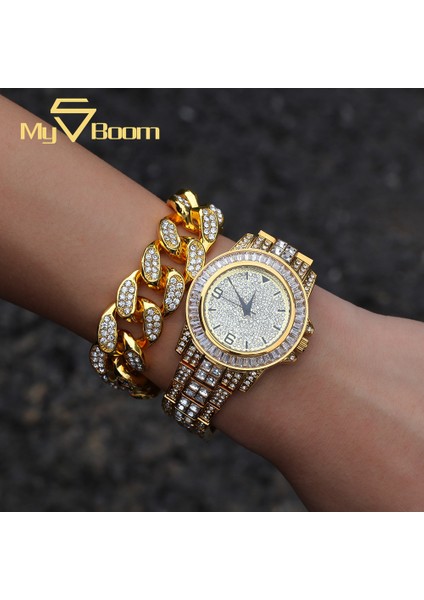 Altın Saat Kuvars Saatler Buzlu Out Izle Hip Hop Rapçi Miami Küba Zincir Altın Kolye Kaplamalı Rhinestones Bling Saatler Bilezik Seti Erkekler Kuvars Saatler (Yurt Dışından)
