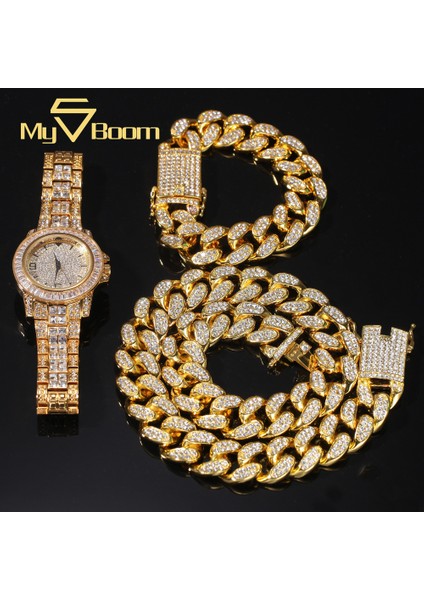 Altın Saat Kuvars Saatler Buzlu Out Izle Hip Hop Rapçi Miami Küba Zincir Altın Kolye Kaplamalı Rhinestones Bling Saatler Bilezik Seti Erkekler Kuvars Saatler (Yurt Dışından)