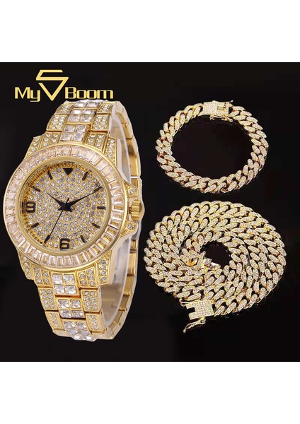Altın Saat Kuvars Saatler Buzlu Out Izle Hip Hop Rapçi Miami Küba Zincir Altın Kolye Kaplamalı Rhinestones Bling Saatler Bilezik Seti Erkekler Kuvars Saatler (Yurt Dışından)