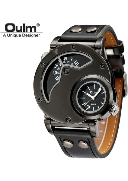 Stil 3 Yepyeni Oulm 9591 Erkek 5 cm Büyük Yüz Moda Saatler Nouveau Montre Homme De Marque Ikili Zaman Deri Bant Rahat Kuvars Izle (Yurt Dışından)