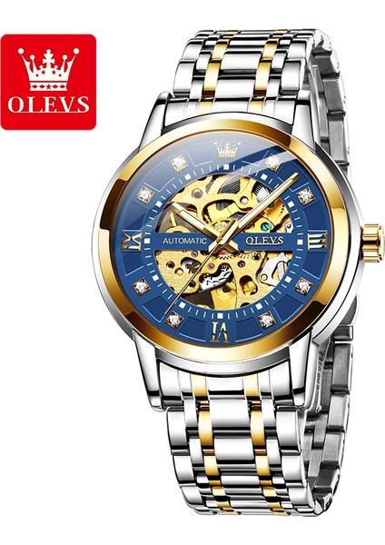 Altın Mavi Mekanik Saat Olevs 9901 Moda Günlük Paslanmaz Çelik Bant Suya Dayanıklı Özellik Elmas Kol Saati Özel Logo Relogio Masculino Izle (Yurt Dışından)