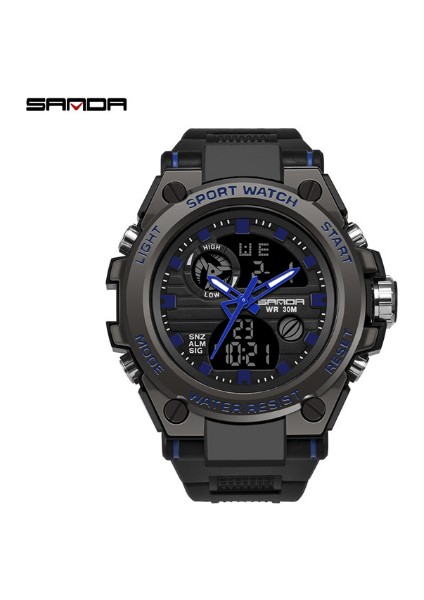 Siyah Mavi Sanda Spor Saat Sanda 739 Izle Erkekler Ikili Zaman LED Analog Su Geçirmez Saat Kuvars Dijital Spor Saat Relogio Masculino (Yurt Dışından)