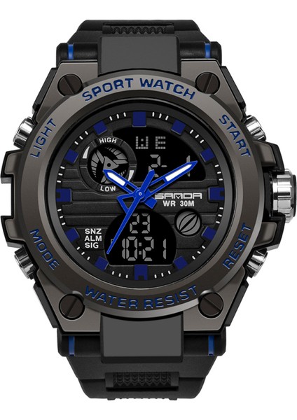 Siyah Mavi Sanda Spor Saat Sanda 739 Izle Erkekler Ikili Zaman LED Analog Su Geçirmez Saat Kuvars Dijital Spor Saat Relogio Masculino (Yurt Dışından)