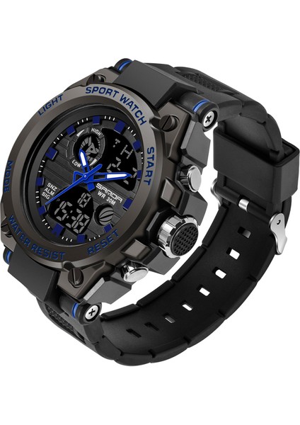 Siyah Mavi Sanda Spor Saat Sanda 739 Izle Erkekler Ikili Zaman LED Analog Su Geçirmez Saat Kuvars Dijital Spor Saat Relogio Masculino (Yurt Dışından)