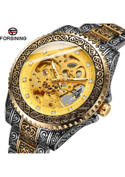 M4S1 Forsining 8213 Lüks Erkekler Otomatik Mekanik Kol Saati Su Geçirmez Paslanmaz Çelik Elmas Izle Altın Erkek Saat Vintagej (Yurt Dışından)
