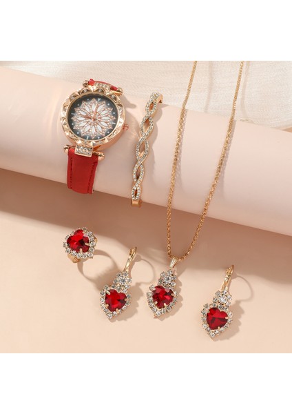 5 Adet/takım Sıcak Satış Kristal Kuvars Izle Bilezik Dainty 5 Adet/takım Kırmızı Zirkon Kalp Bilezik Küpe Kolye Saat Setleri Takı (Yurt Dışından)