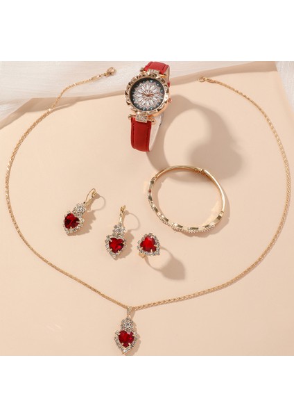 5 Adet/takım Sıcak Satış Kristal Kuvars Izle Bilezik Dainty 5 Adet/takım Kırmızı Zirkon Kalp Bilezik Küpe Kolye Saat Setleri Takı (Yurt Dışından)