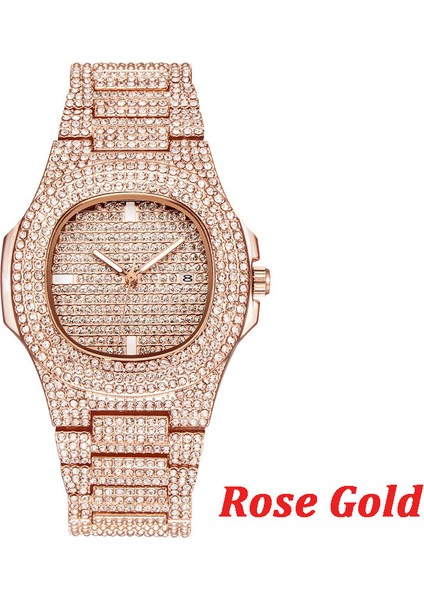 HHW001-ROSE Gold Ice Out Hip Hop Izle Altın Gümüş Kaya Rap Tam Bling Bling Sokak Saati Marka Lüks Kuvars Su Geçirmez Buzlu Out Parlak Saat (Yurt Dışından)