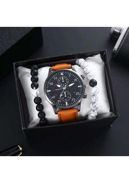 Box1 Lüks 2023 Punk 3 Adet/takım Doğal Taş Bilezik ve Kuvars Saat Setleri Hediye Kutusu Moda Erkek Saat Setleri Kutusu ile CC002 (Yurt Dışından) modelleri