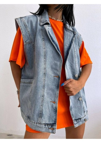 Kadın Antrasit Yan Cep Detaylı %100 Pamuk Denim Yelek Ceket