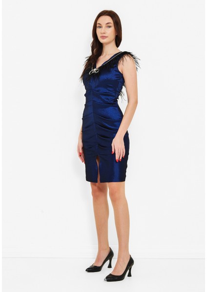 Tekstil Omuz Kısmı Tüylü Taş Aksesaurlı Tasarım Elbise fiyatları