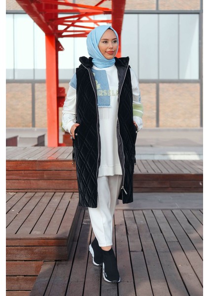 Kadın Yakası Kürklü Lastik Detaylı Kapitone Yelek MNL-025Y Siyah