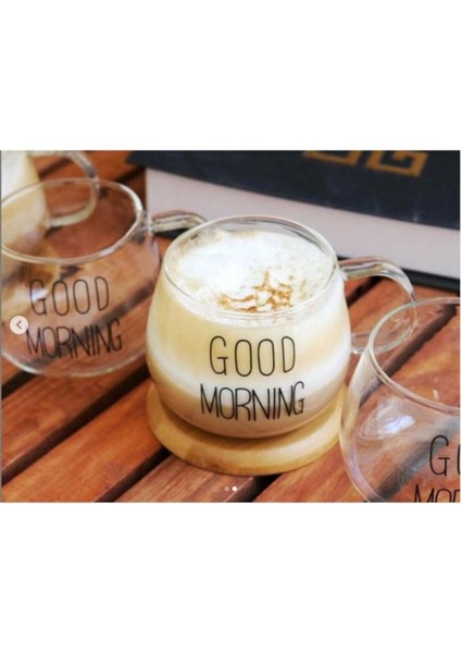 400 ml Good Morning Desenli Kulplu Cam Şeffaf Kupa MIT1010