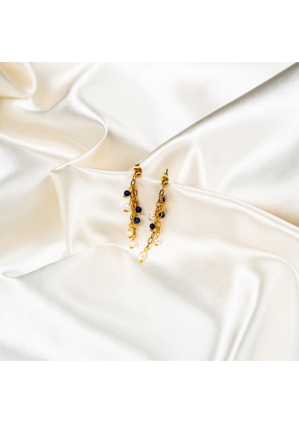 Sertifikalı Arpa Kesim Inci, Aquamarin ve Lapis Lazuri Doğaltaş Özel Tasarım Küpe fiyatları