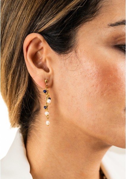 Sertifikalı Arpa Kesim Inci, Aquamarin ve Lapis Lazuri Doğaltaş Özel Tasarım Küpe