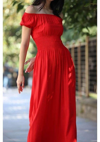 Kadın Madonna Yaka Gipeli Kırmızı Yazlık Uzun Elbise 12A-5072