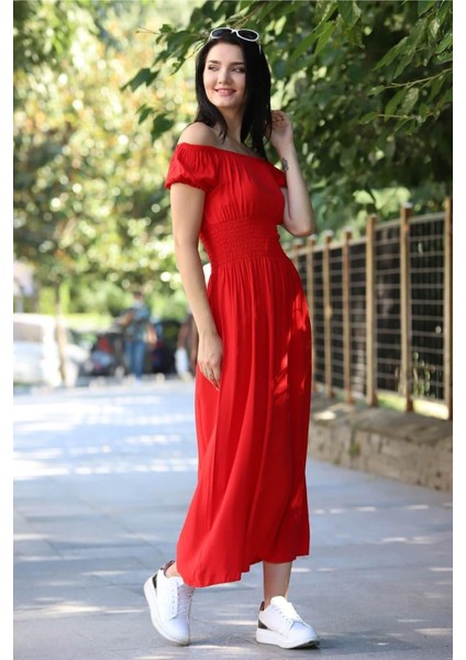 Kadın Madonna Yaka Gipeli Kırmızı Yazlık Uzun Elbise 12A-5072 fiyatları