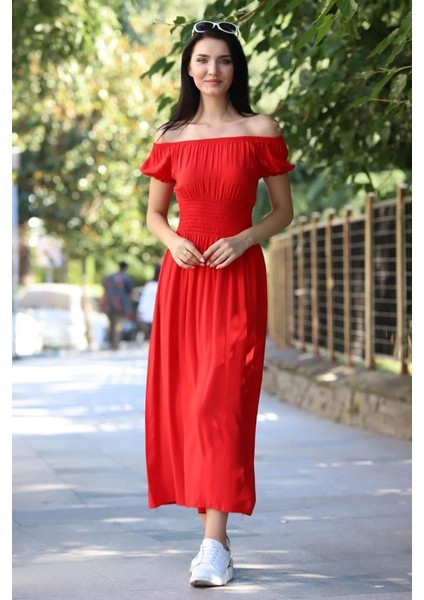 Kadın Madonna Yaka Gipeli Kırmızı Yazlık Uzun Elbise 12A-5072 modelleri