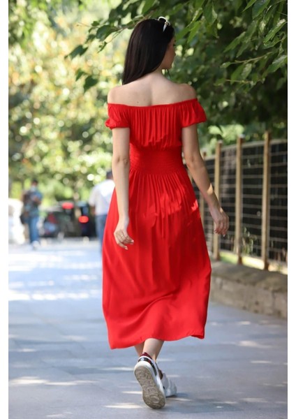 Kadın Madonna Yaka Gipeli Kırmızı Yazlık Uzun Elbise 12A-5072 fırsatları