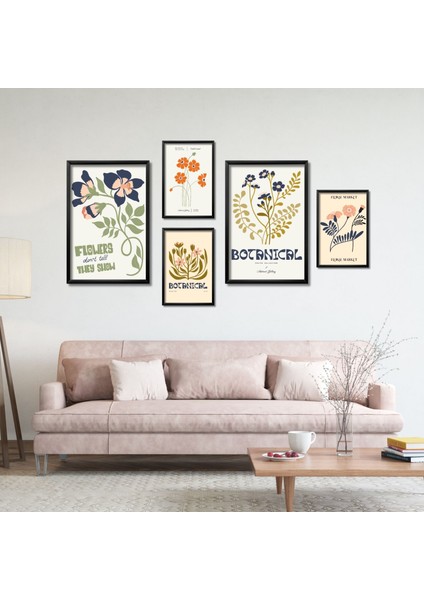 5'li Ahşap Lamine Çerçeveli Mdf Tablo Seti Botanical Flowers