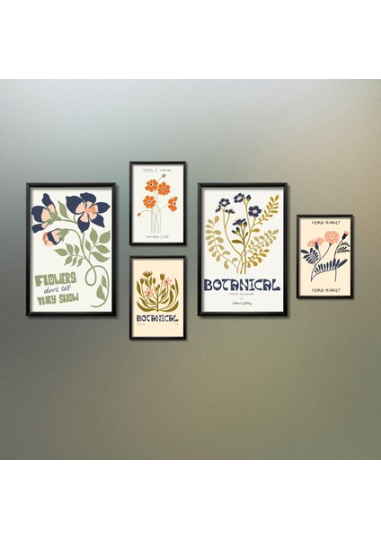 5'li Ahşap Lamine Çerçeveli Mdf Tablo Seti Botanical Flowers fiyatları
