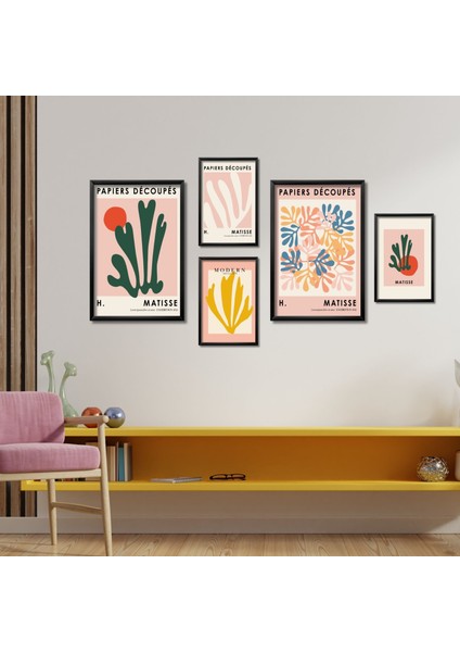 5'li Ahşap Lamine Çerçeveli Mdf Tablo Seti Pembe Henri Matisse