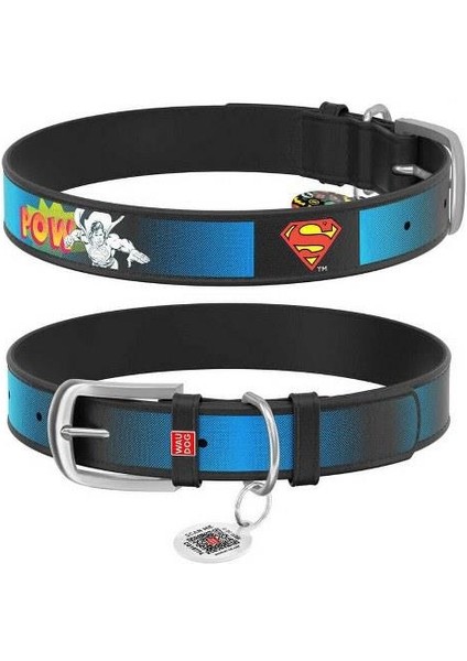 Qr Pasaportlu Deri Köpek Boyun Tasması, Siyah , Superman2 Desenli, W 20 Mm, L 29-38 cm