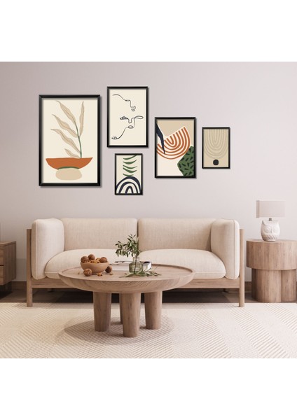 5'li Ahşap Lamine Çerçeveli Mdf Tablo Seti Modern Çizgiler