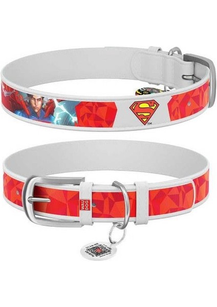 Qr Pasaportlu Deri Köpek Boyun Tasması, Beyaz , Superman1 Desenli, W 20 Mm, L 29-38 cm