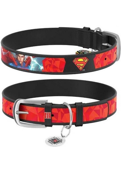 Qr Pasaportlu Deri Köpek Boyun Tasması, Siyah , Superman1 Desenli, W 20 Mm, L 29-38 cm