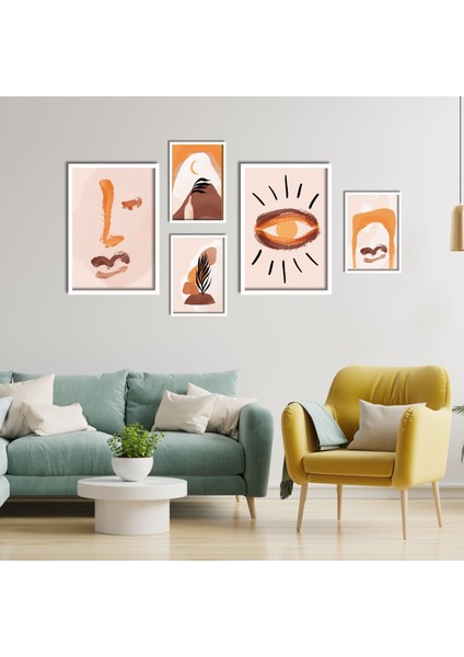 5'li Ahşap Lamine Çerçeveli Mdf Tablo Seti Turuncu Boho Tasarım