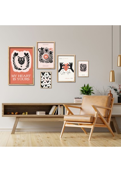 5'li Ahşap Lamine Çerçeveli Mdf Tablo Seti Kedi ve Sevgililer Günü