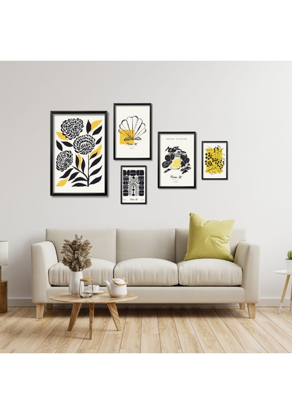 5'li Ahşap Lamine Çerçeveli Mdf Tablo Seti Modern Art Çizgisel