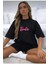 Özel Marka Kadın Baskılı Oversize T-Shirt - Siyah 1