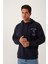 Erkek 3 İplik Pamuklu İçi Polarlı Ön Arka Baskılı Oversize Kapüşonlu Lacivert Sweatshirt 3