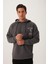 Erkek 3 İplik Pamuklu İçi Polarlı Ön Arka Baskılı Oversize Kapüşonlu Antrasit Sweatshirt 3