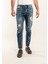 0020 Süper Slim Fit Mavi Yıkamalı Yırtıklı Boyalı Rahat Denim Erkek Jeans 2