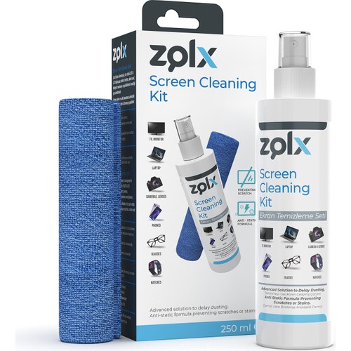 Zolx Ekran Temizleme Seti 250ml (MİKROFİBER BEZ HEDİYE) Tv, Bilgisayar, Notebook, Monitör, Gözlük, Tablet, Telefon Temizleme Seti