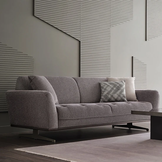 Enza Home Marion 2,5'lu Koltuk, Keten Dokulu, Gold Ayak - Orta Gri