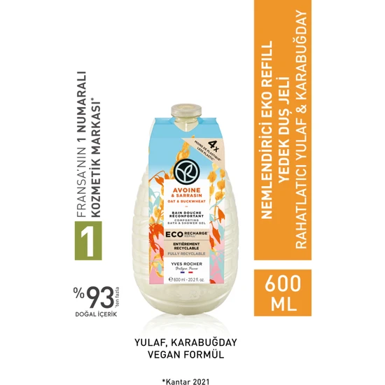 Yves Rocher Nemlendirici Eko Refill Yedek Duş Jeli - Rahatlatıcı Yulaf Karabuğday 600 ml