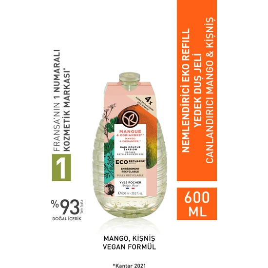 Yves Rocher Nemlendirici Eko Refill Yedek Duş Jeli - Canlandırıcı Mango Kişniş 600 ml