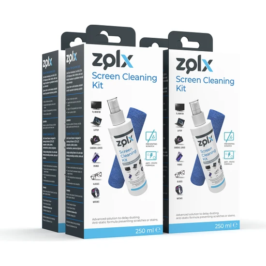 Zolx Ekran Temizleme Seti 250ML * 4 Adet ( Mikrofiber Bez )  Lcd, Led, Ekran, Laptop, Tablet, Bilgisayar, Televizyon, Cep Telefonu, Gözlük, Kamera, Koruyucu Ve Parlatıcı Doğal Temizleme