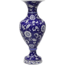 Otantik Çini Dekoratif Mavi Zemin Lotus Çiçeği Dekorlu Elhamra Vazo 32X72 cm Dir.