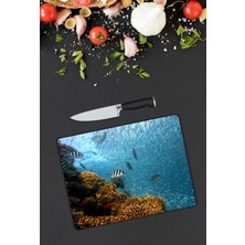 Pi Dekorasyon Deniz ve Balık Desen Cam Kesme Tablası