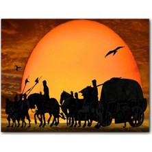 Caka Tablo Ahşap Tablo Günbatımında Kervan Silüeti ve Akbabalar