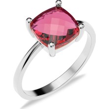 İndigo Takı Kare Fuşya Taşlı Tektaş Beyaz Gümüş Yüzük