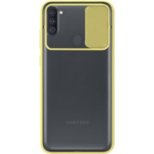 Caseart Samsung Galaxy A11 Kapak Lensi Açılır Kapanır Kamera Korumalı Silikon Kılıf - Sarı