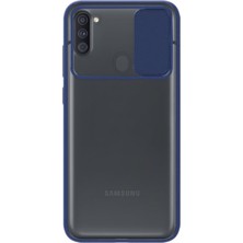 Caseart Samsung Galaxy A11 Kapak Lensi Açılır Kapanır Kamera Korumalı Silikon Kılıf - Lacivert