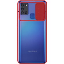 Caseart Samsung Galaxy A21S Kapak Lensi Açılır Kapanır Kamera Korumalı Silikon Kılıf - Kırmızı
