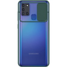 Caseart Samsung Galaxy A21S Kapak Lensi Açılır Kapanır Kamera Korumalı Silikon Kılıf - Yeşil